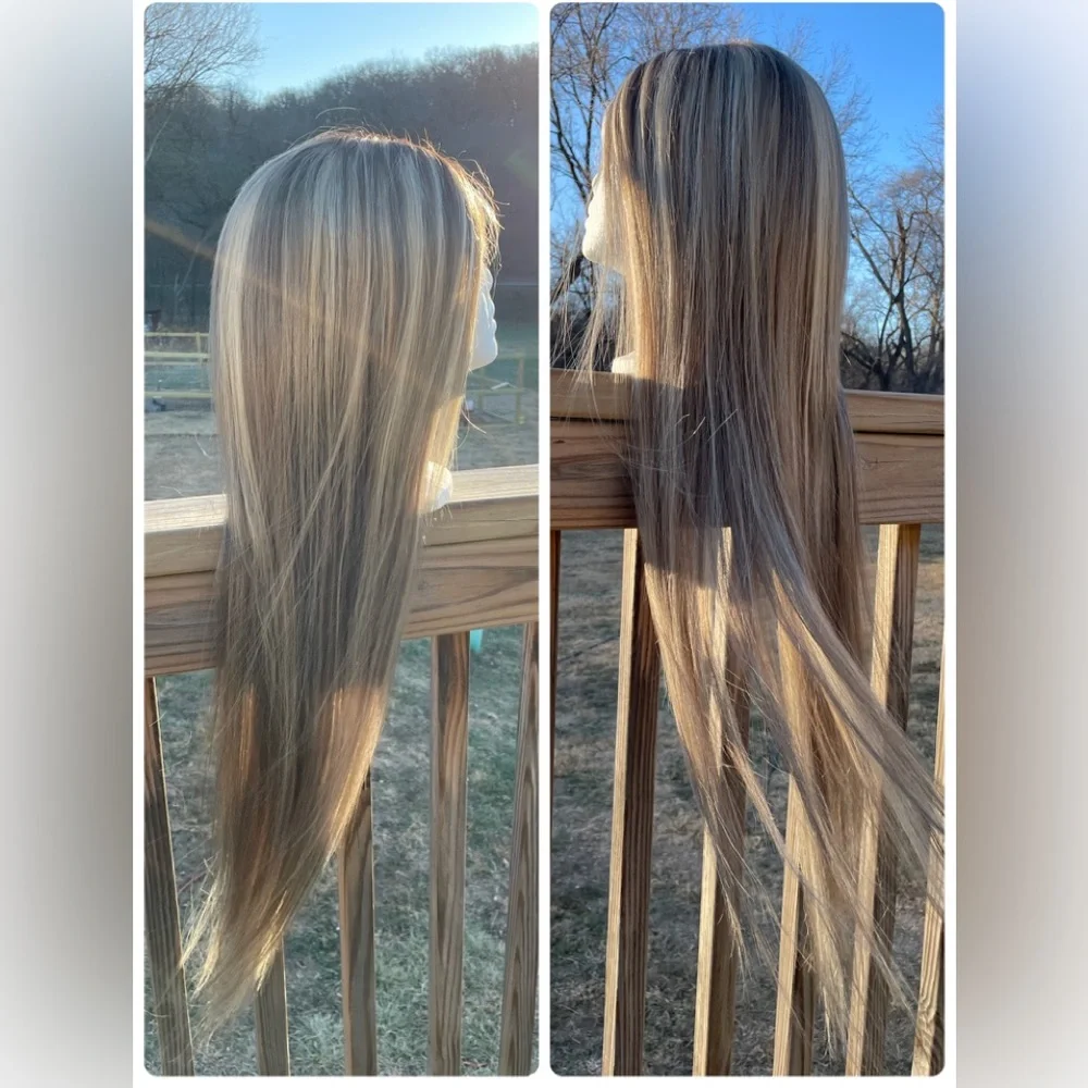 NWT ash blonde human hair wig highlights 100%virgin Remy preplucked hand tied 32